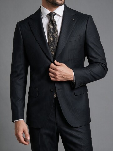 Siyah Çizgili Mono Yaka Comfort Fit 2 Düğme Takım Elbise