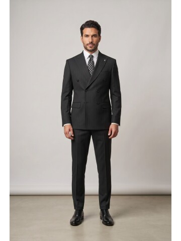 Black Pinstripe Peak Lapel Double Breasted Suit
