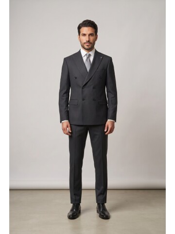 Black Pinstripe Peak Lapel Double Breasted Suit