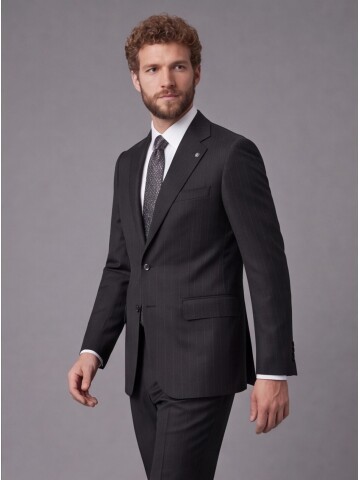 Black Striped Slim Fit Mandarin Collar 2-Button Suit