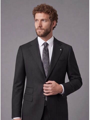 Black Striped Slim Fit Mandarin Collar 2-Button Suit