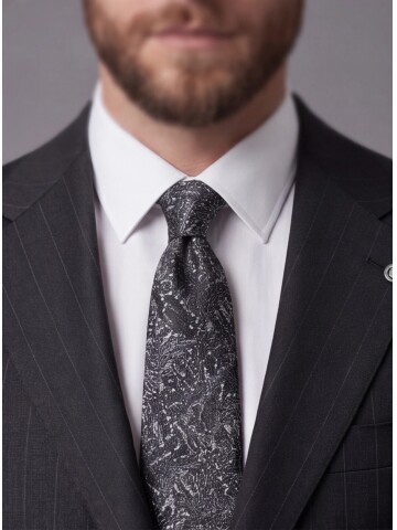 Black Striped Slim Fit Mandarin Collar 2-Button Suit