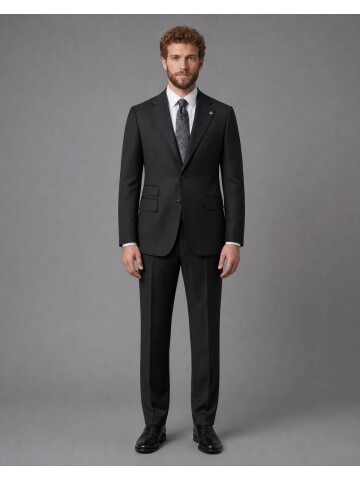 Black Striped Slim Fit Mandarin Collar 2-Button Suit