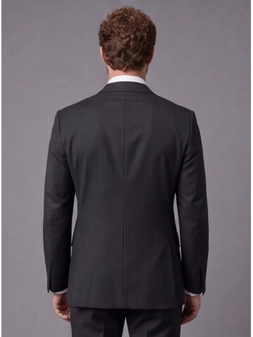 Black Striped Slim Fit Mandarin Collar 2-Button Suit