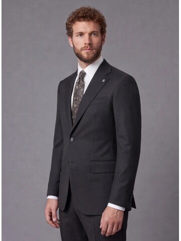 Black Striped Slim Fit Mandarin Collar 2-Button Suit