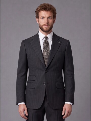 Black Striped Slim Fit Mandarin Collar 2-Button Suit
