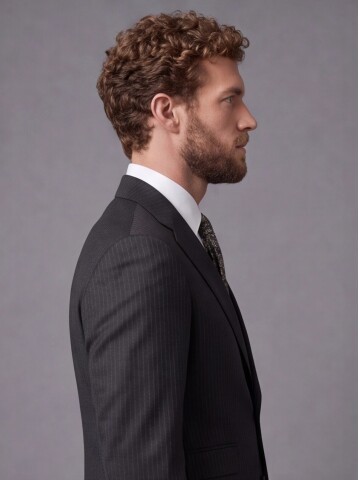 Black Striped Slim Fit Mandarin Collar 2-Button Suit