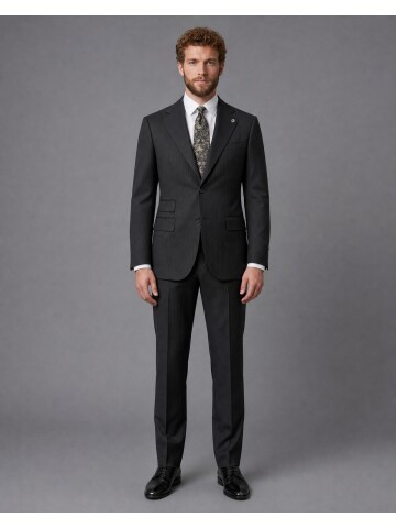 Black Striped Slim Fit Mandarin Collar 2-Button Suit