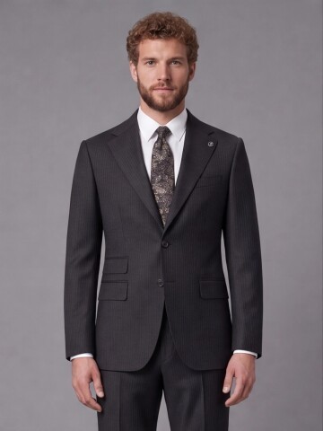 Black Striped Slim Fit Mono Collar 2-Button Suit