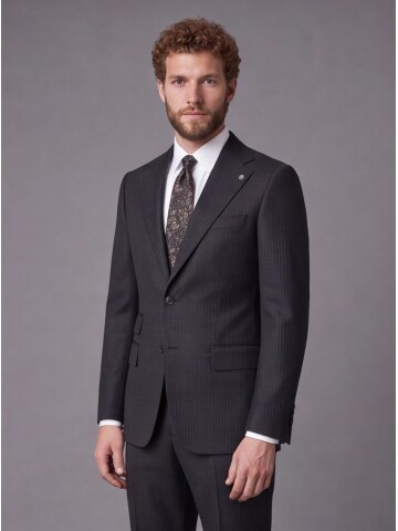 Black Striped Slim Fit Mono Collar 2-Button Suit
