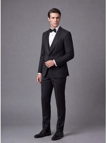 Black Pinstripe Slim Fit Shawl Lapel One Button Tuxedo