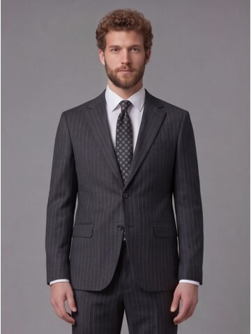 Siyah Çizgili Yünlü Mono Yaka Comfort Fit Takım Elbise