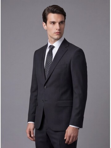 Siyah Çizgili Yünlü Mono Yaka Regular Fit 2 Düğme Takım Elbise