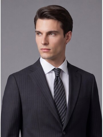 Siyah Çizgili Yünlü Mono Yaka Regular Fit 2 Düğme Takım Elbise