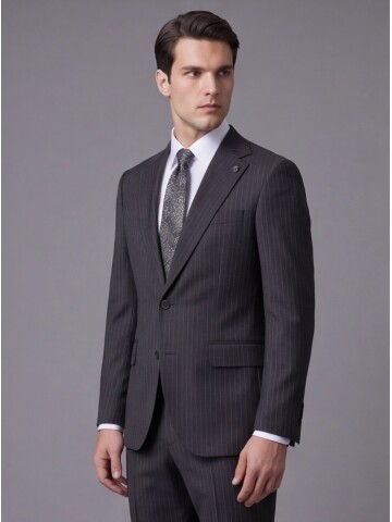 Siyah Çizgili Yünlü Mono Yaka Regular Fit Takım Elbise