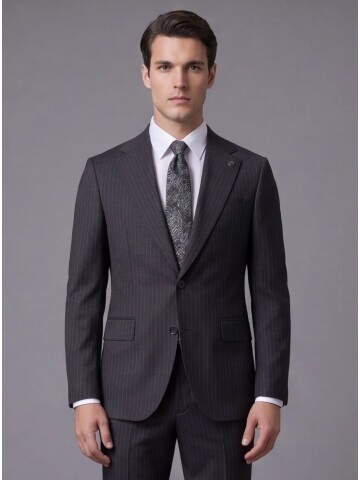 Siyah Çizgili Yünlü Mono Yaka Regular Fit Takım Elbise