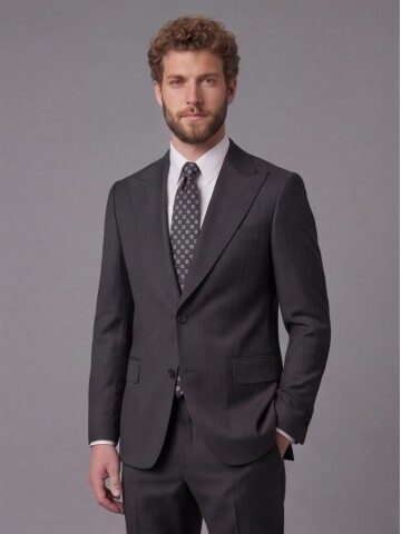 Siyah Çizgili Yünlü Sivri Yaka Comfort Fit Takım Elbise