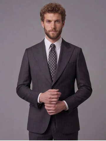 Siyah Çizgili Yünlü Sivri Yaka Comfort Fit Takım Elbise