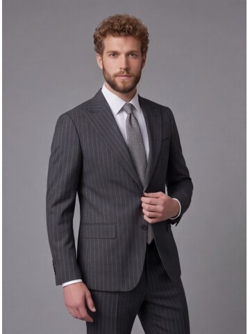 Siyah Çizgili Yünlü Sivri Yaka Comfort Fit Takım Elbise