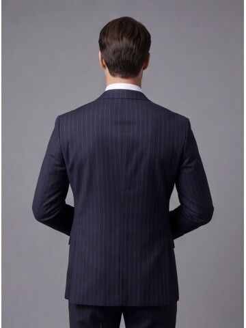 Siyah Çizgili Yünlü Sivri Yaka Regular Fit Takım Elbise