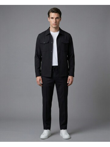 Black Comfort Fit Shirt Collar Safari Pocket Sporty Suit