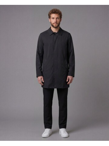 Siyah Gömlek Yaka Beş Düğmeli Comfort Fit Tam Astarlı Yağmurluk