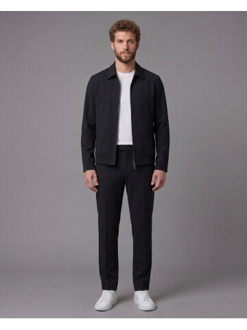 Siyah Gömlek Yaka Fermuarlı Comfort Fit Spor Takım Elbise