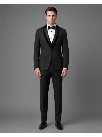Siyah Kadife Çıkma Yaka Slim Fit Damatlık
