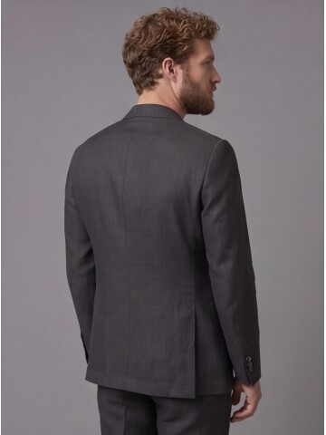 Siyah Keten Sivri Yaka Comfort Fit Torba Cep 2 Düğme Takım Elbise