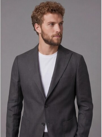 Siyah Keten Sivri Yaka Comfort Fit Torba Cep 2 Düğme Takım Elbise