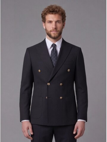 Siyah Kruvaze Sivri Yaka Slim Fit 6 Düğmeli Takım Elbise