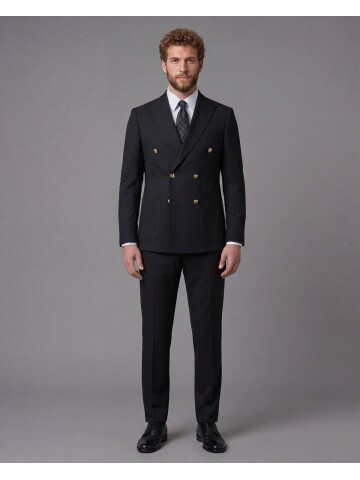 Siyah Kruvaze Sivri Yaka Slim Fit 6 Düğmeli Takım Elbise