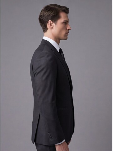 Siyah Mono Yaka Çift Düğmeli Takım Elbise