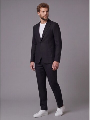 Siyah Mono Yaka Slim Fit Torba Cep 2 Düğme Takım Elbise