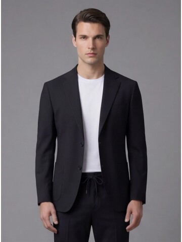 Black Notch Lapel Suit with Patch Pockets