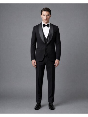 Siyah Şal Yaka Slim Fit Damatlık