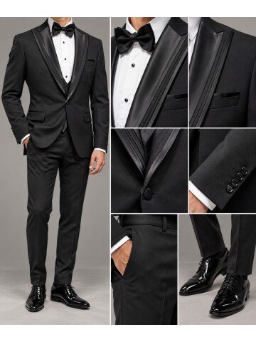 Siyah Çıkma Sivri Yaka Slim Fit Damatlık