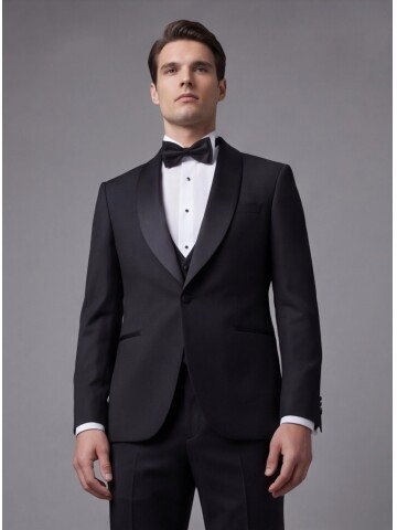 Siyah Şal Yaka Slim Fit Tek Düğmeli Damatlık Takım Elbise