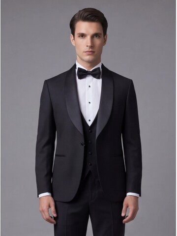 Siyah Şal Yaka Slim Fit Tek Düğmeli Damatlık Takım Elbise