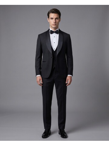 Siyah Şal Yaka Slim Fit Tek Düğmeli Damatlık Takım Elbise