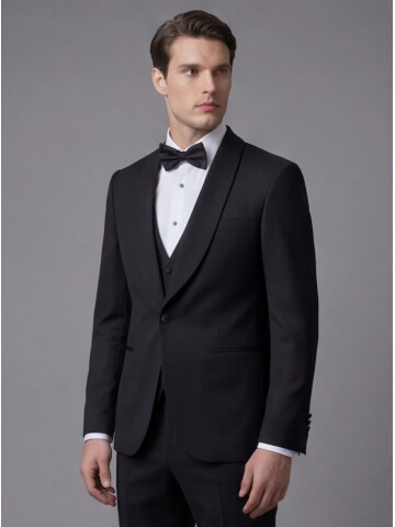 Siyah Şal Yaka Tek Düğme Slim Fit Damatlık