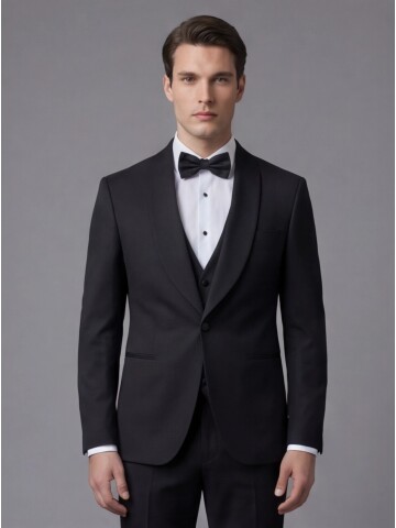 Siyah Şal Yaka Tek Düğme Slim Fit Damatlık
