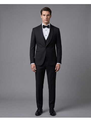 Siyah Şal Yaka Tek Düğme Slim Fit Damatlık