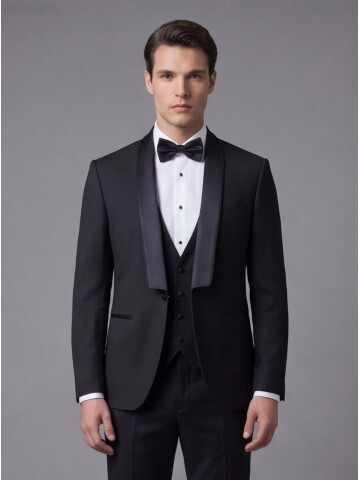 Siyah Şal Yaka Zincir Düğme Detaylı Slim Fit Damatlık