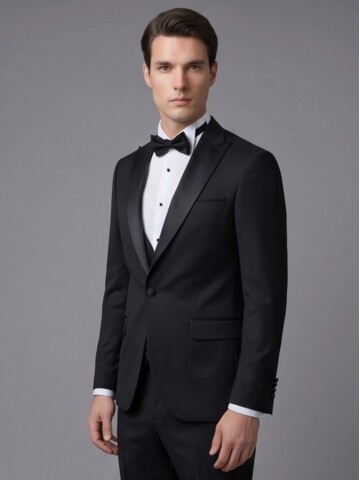 Siyah Sivri Çıkma Yaka Tek Düğme Slim Fit Yelekli Damatlık