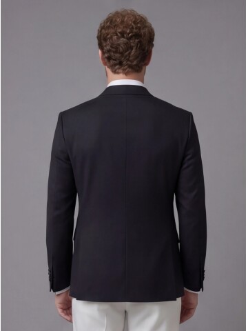 Black Peak Lapel Comfort Fit Single Button Tuxedo Jacket & White Trousers Suit Combination