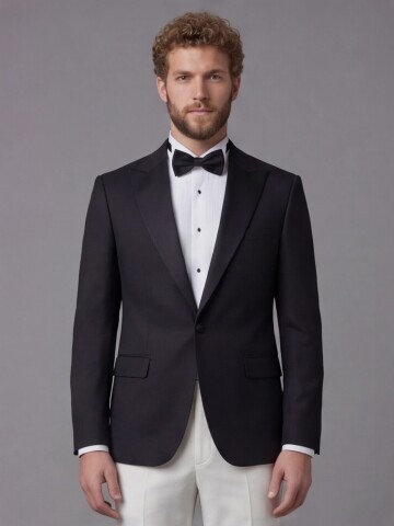 Black Peak Lapel Comfort Fit Single Button Tuxedo Jacket & White Trousers Suit Combination