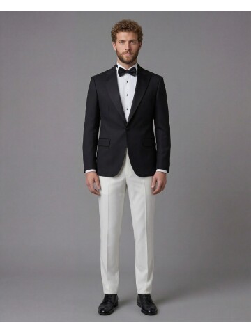 Black Peak Lapel Comfort Fit Single Button Tuxedo Jacket & White Trousers Suit Combination