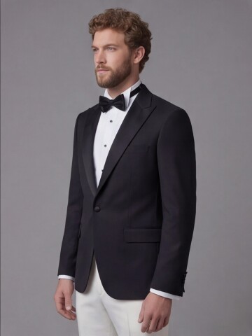 Black Peak Lapel Comfort Fit Single Button Tuxedo Jacket & White Trousers Suit Combination