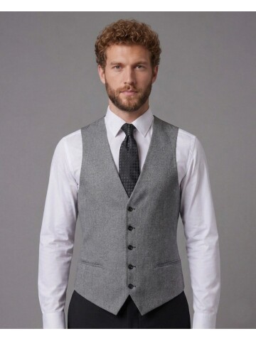 Siyah Sivri Yaka Çift Düğmeli Slim Fit Yelekli Takım Elbise